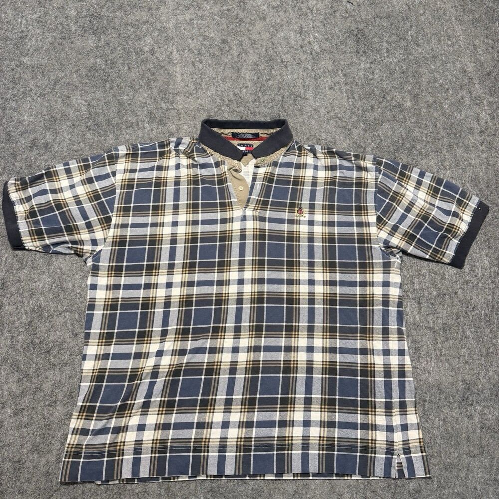 VTG 90s Tommy Hilfiger Plaid Polo Shirt Men XXL 2XL Crest Logo Short Sleeve